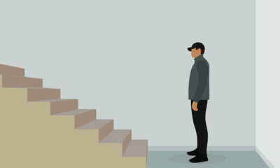 Male character stands near stairs indoors