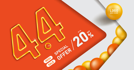 Text 4.4 has a yellow border. and promotional mega sale, 20% off, placed on an abstract background with balls elements to convey the promotion Fourth day of the fourth month,vector 3d for advertising