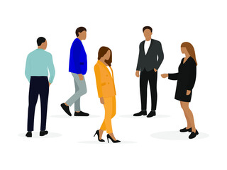 Group of male and female characters in business clothes on a white background