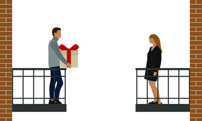 A male character with a gift box in his hands and a female character stand on opposite balconies on a white background