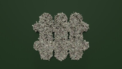 3d rendering of dollar cash rolls and stacks in shape of symbol of heating on green background