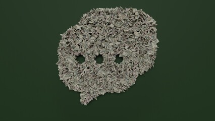 3d rendering of dollar cash rolls and stacks in shape of symbol of two rounded chat bubble on green background