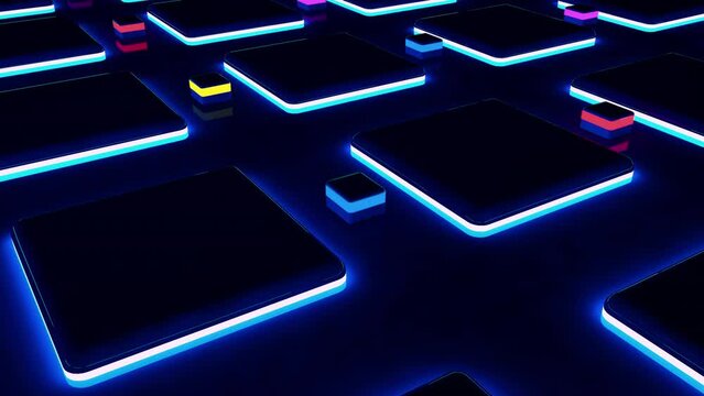A looped animated abstract dark background of many small moving cubes between large stationary cubes with bright neon illumination. Neon light is reflected on the surface of other cubes.