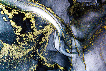 Abstract bright shiny color fluid background, hand drawn alcohol painting with golden streaks, liquid ink technique texture for backdrop design