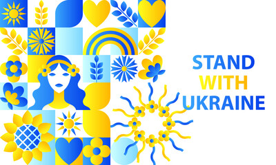 Poster on the theme of Ukraine. Stand with Ukraine. Flat mosaic geometric pattern.