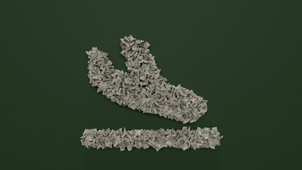 3d rendering of dollar cash rolls and stacks in shape of symbol of plane arrival on green background