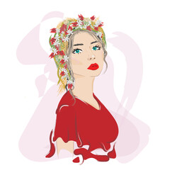 Beautiful girl in a bright red dress with a wreath on her head. Vector illustration