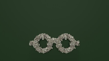 3d rendering of dollar cash rolls and stacks in shape of symbol of Lennon glasses on green background
