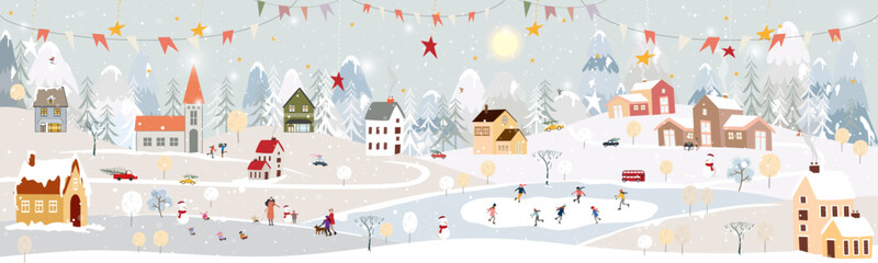 Obraz na płótnie Canvas Winter landscape, Celebrating Christmas and new Year 2023 in village at night with happy polar bear playing playing ice skates in the park,Vector of horizontal banner winter wonderland in countryside