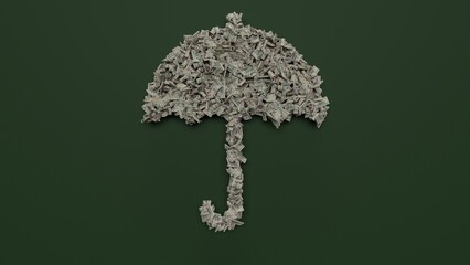 3d rendering of dollar cash rolls and stacks in shape of symbol of umbrella09 on green background © Destrosvet