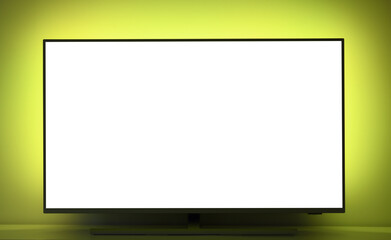 Close-up large white screen for text or video.TV in a cozy living room.