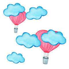 pink heart shaped balloons and blue clouds. Colorful watercolor hand drawn illustration isolated on white background.
