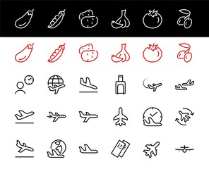 A simple set of airport related vector line icons. Contains badges such as departure, boarding, waiting time, boarding, find a place to travel tickets, and much more. Editable stroke. 48x48 pixels