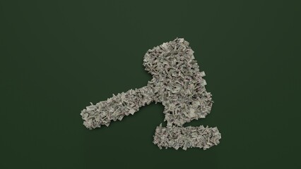 3d rendering of dollar cash rolls and stacks in shape of symbol of hammer on green background