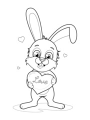 Coloring page. Cute cartoon bunny holding a heart with the inscription "Love"