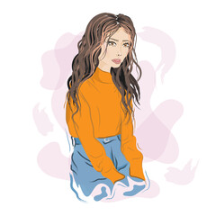 Woman with long wavy hair in a bright jacket. Vector illustration