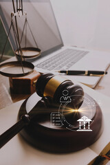 Male lawyer working with contract papers and wooden gavel on tabel in courtroom. justice and law ,attorney, court judge, concept.