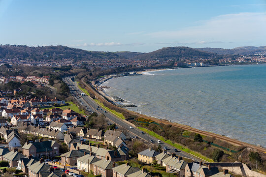 Colwyn Bay North Wales UK looking down from above at the town and roof tops of houses