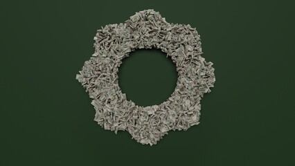 3d rendering of dollar cash rolls and stacks in shape of symbol of setting camera on green background