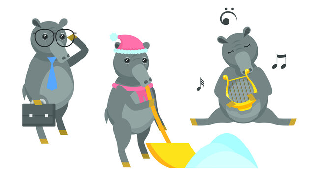 Set Abstract Collection Flat Cartoon Different Animal Tapirs Shoveling Snow, Office Worker With Diplomat, Plays The Lyre Vector Design Style Elements Fauna Wildlife