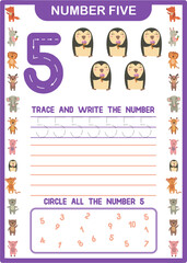 Printable preschool handwriting number 5 worksheet - Digital download - tracing and spelling numbers - instant download