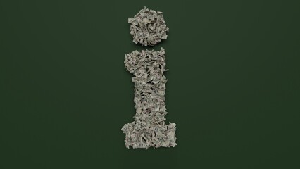 3d rendering of dollar cash rolls and stacks in shape of symbol of info on green background