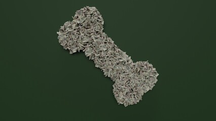 3d rendering of dollar cash rolls and stacks in shape of symbol of bone on green background