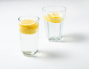 Two glasses with fresh lemon water or homemade lemonade