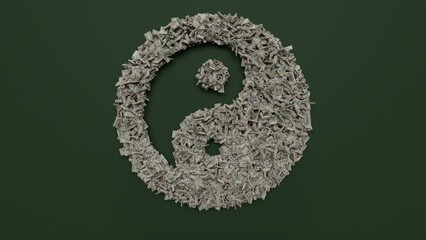 3d rendering of dollar cash rolls and stacks in shape of symbol of yin yang on green background