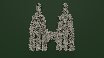 3d rendering of dollar cash rolls and stacks in shape of symbol of Petronas twin tower on green background