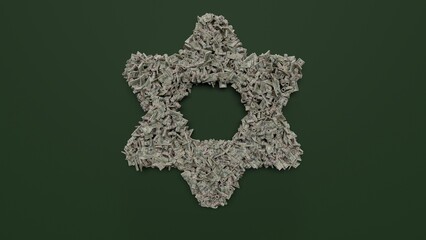 3d rendering of dollar cash rolls and stacks in shape of symbol of star of David on green background