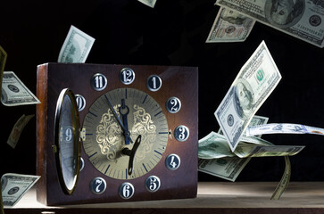 Desktop mechanical clock and money. Clock with arrows and floating money. Leaving time. Valuable...