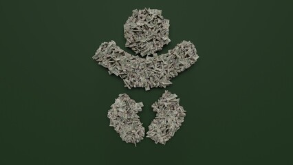 3d rendering of dollar cash rolls and stacks in shape of symbol of baby on green background