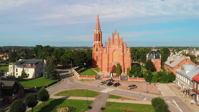 Panoramic overview in Roki&scaron;kis Independence Square. In the center of Roki&scaron;kis is the Church of St. Matthew the Apostle Evangelist. 