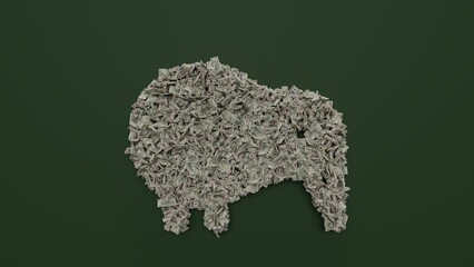 3d rendering of dollar cash rolls and stacks in shape of symbol of kiwi bird on green background