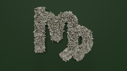 3d rendering of dollar cash rolls and stacks in shape of symbol of Virgo zodiac on green background