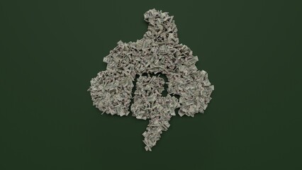 3d rendering of dollar cash rolls and stacks in shape of symbol of poo storm on green background