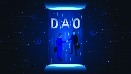 DAO, Decentralized Autonomous Organization. Businessmen signing smart contract on blockchain and metaverse hologram portal.