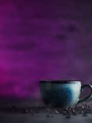 Naklejka na ściany i meble Coffee cup smoke, purple dark background copy space