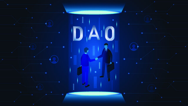 DAO, Decentralized Autonomous Organization. Businessmen signing smart contract on blockchain and metaverse hologram portal.