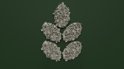 3d rendering of dollar cash rolls and stacks in shape of symbol of gluten on green background