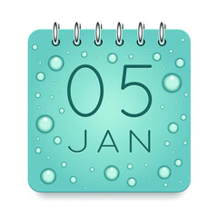 05 day of month. January. Calendar daily icon. Date day week Sunday, Monday, Tuesday, Wednesday, Thursday, Friday, Saturday. Dark Blue text. Cut paper. Water drop dew raindrops. Vector illustration.
