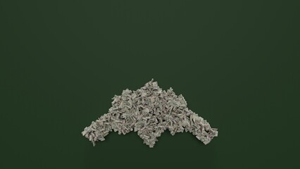 3d rendering of dollar cash rolls and stacks in shape of symbol of fighter plane on green background
