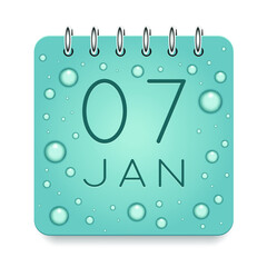 07 day of month. January. Calendar daily icon. Date day week Sunday, Monday, Tuesday, Wednesday, Thursday, Friday, Saturday. Dark Blue text. Cut paper. Water drop dew raindrops. Vector illustration.