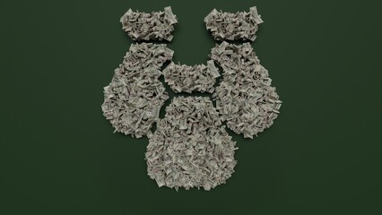 3d rendering of dollar cash rolls and stacks in shape of symbol of money bag on green background