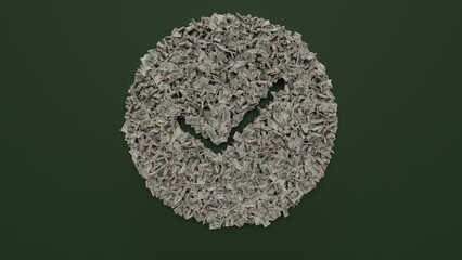 3d rendering of dollar cash rolls and stacks in shape of symbol of success on green background