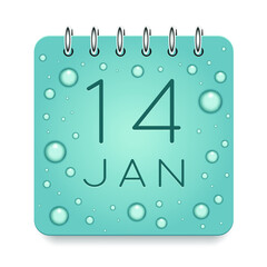 14 day of month. January. Calendar daily icon. Date day week Sunday, Monday, Tuesday, Wednesday, Thursday, Friday, Saturday. Dark Blue text. Cut paper. Water drop dew raindrops. Vector illustration.