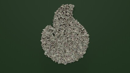 3d rendering of dollar cash rolls and stacks in shape of symbol of fire on green background