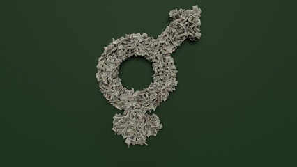 3d rendering of dollar cash rolls and stacks in shape of symbol of transgender on green background