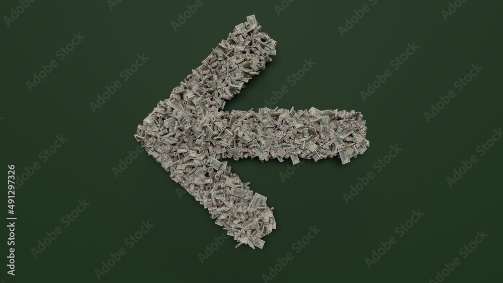 Canvas Prints 3d rendering of dollar cash rolls and stacks in shape of symbol of arrow left on green background